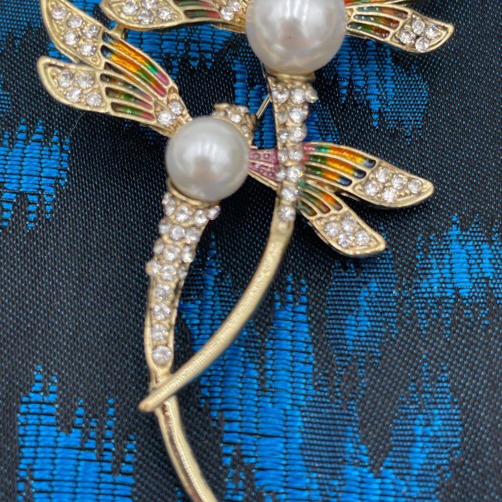 Dragonfly Brooch With Faux Pearls & Rhinestones Gold-tone 2.5" Elegant Pin Jewel